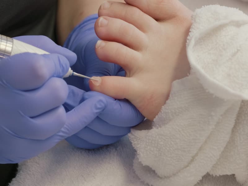 Mains gantées qui s'occupent d'un ongle d'orteil avec une ponceuse douce
